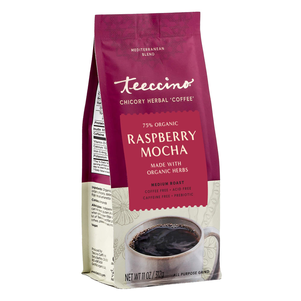 Teeccino Raspberry Mocha Chicory coffee alternative pack highlights organic, non-GMO herbs for everyday brew.