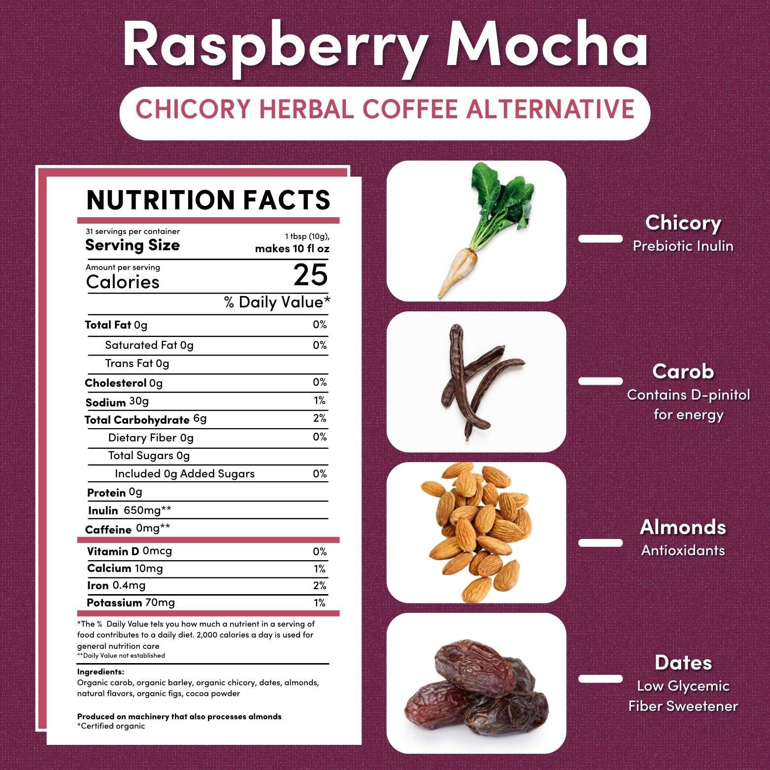 Teeccino Raspberry Mocha chicory ground jar showcases all-purpose grind ready for any brewer.