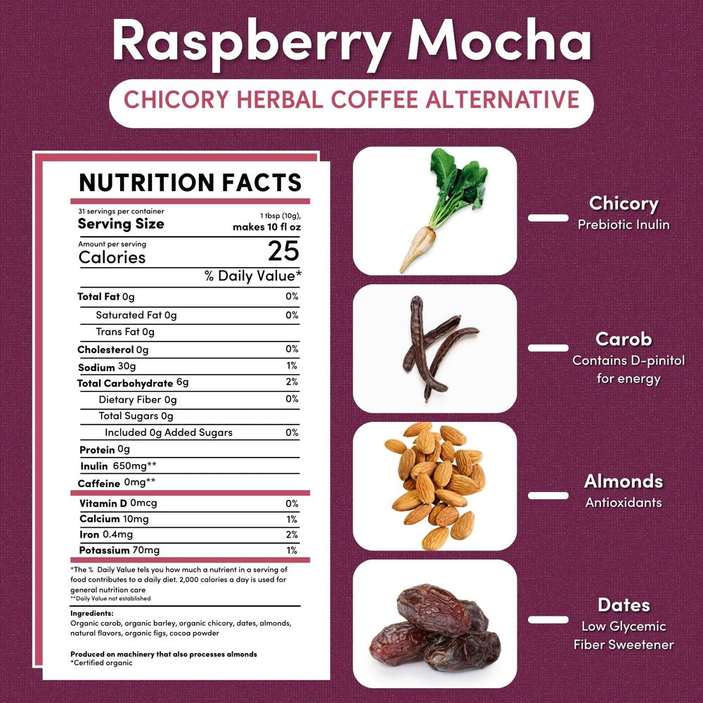 Teeccino Raspberry Mocha chicory ground jar showcases all-purpose grind ready for any brewer.