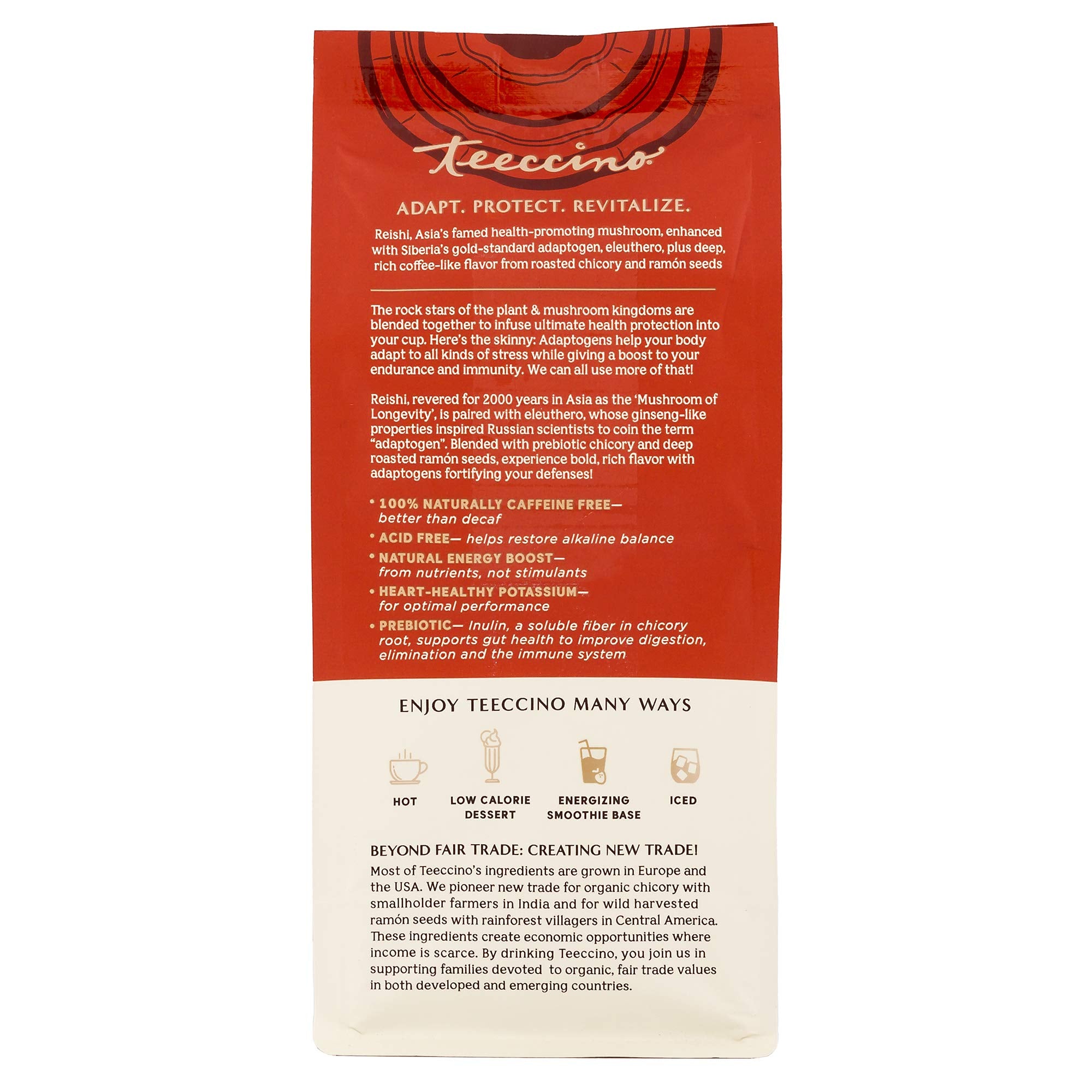 Teeccino Reishi Eleuthero acid-free formulation label for clean brewing.