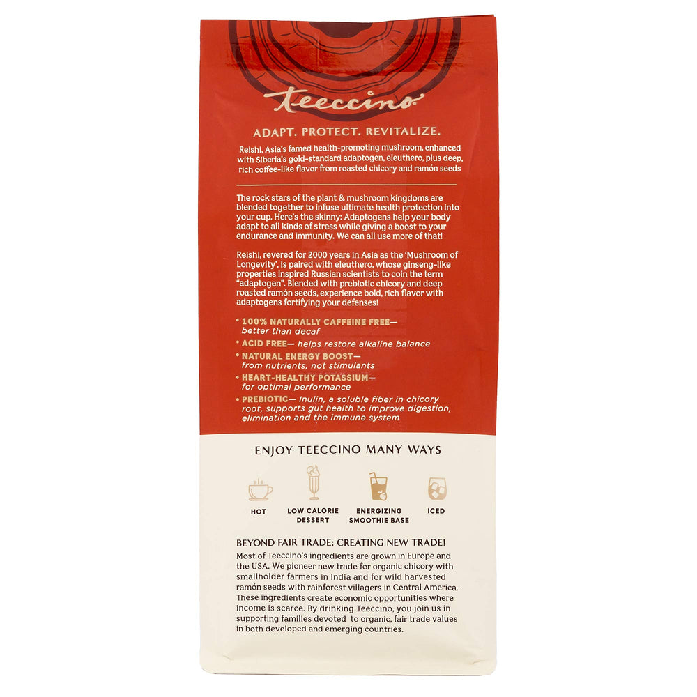 Teeccino Reishi Eleuthero acid-free formulation label for clean brewing.