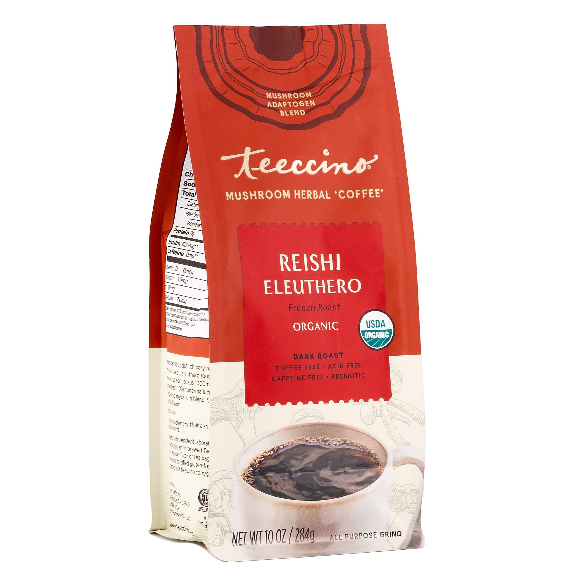 Teeccino Reishi Eleuthero French Roast packaging showcasing organic ingredients and label.