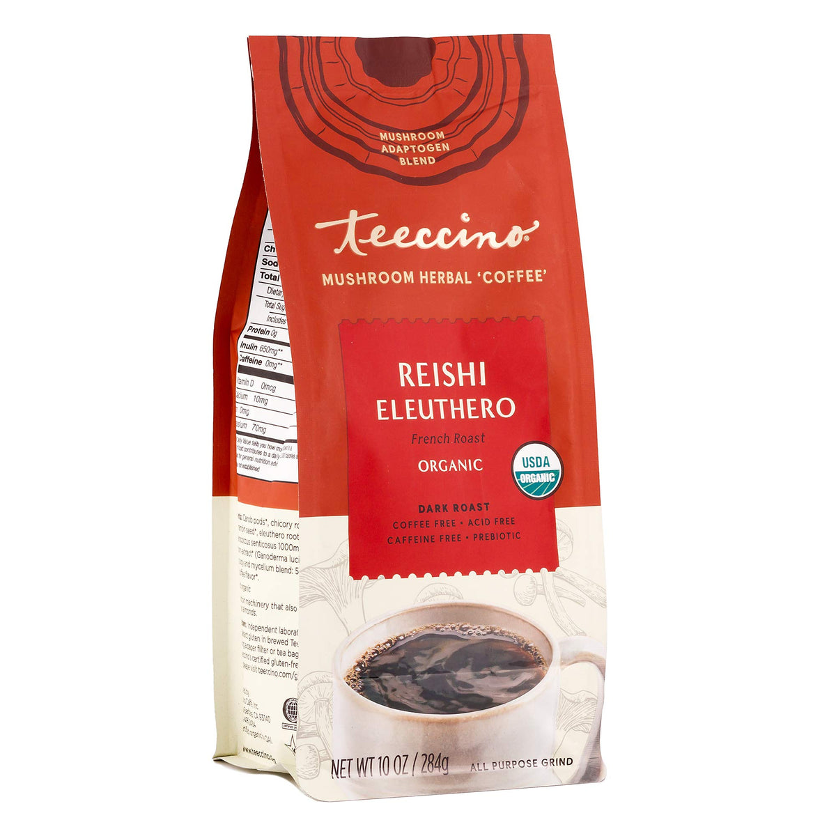 Teeccino Reishi Eleuthero French Roast packaging showcasing organic ingredients and label.