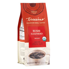Teeccino Reishi Eleuthero French Roast packaging showcasing organic ingredients and label.