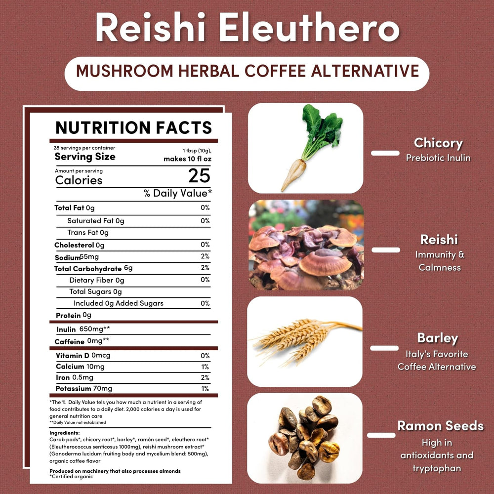 Teeccino Reishi Eleuthero ingredients label highlighting organic herbs and mushroom blend.