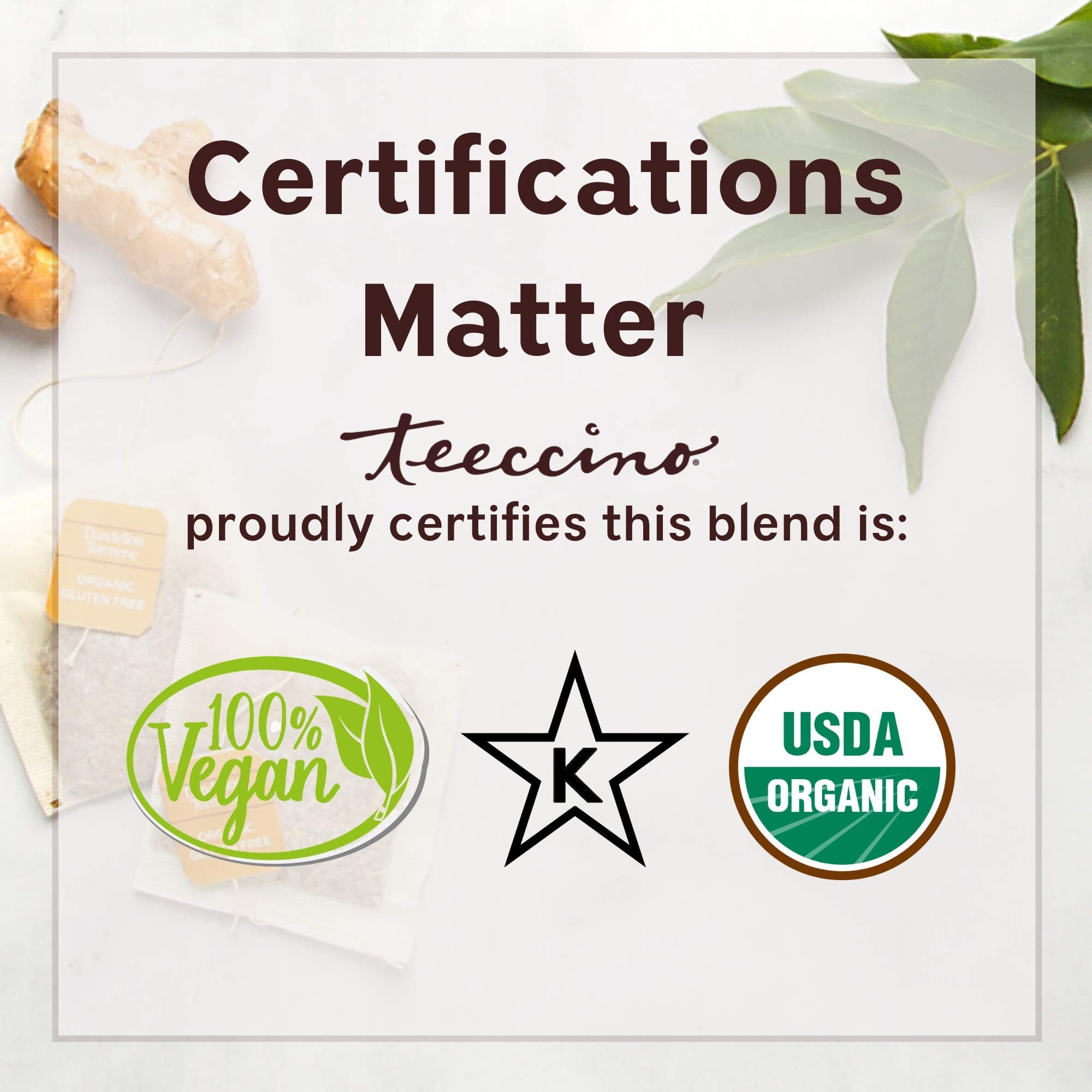 Teeccino Reishi Eleuthero organic non-GMO seal on packaging.