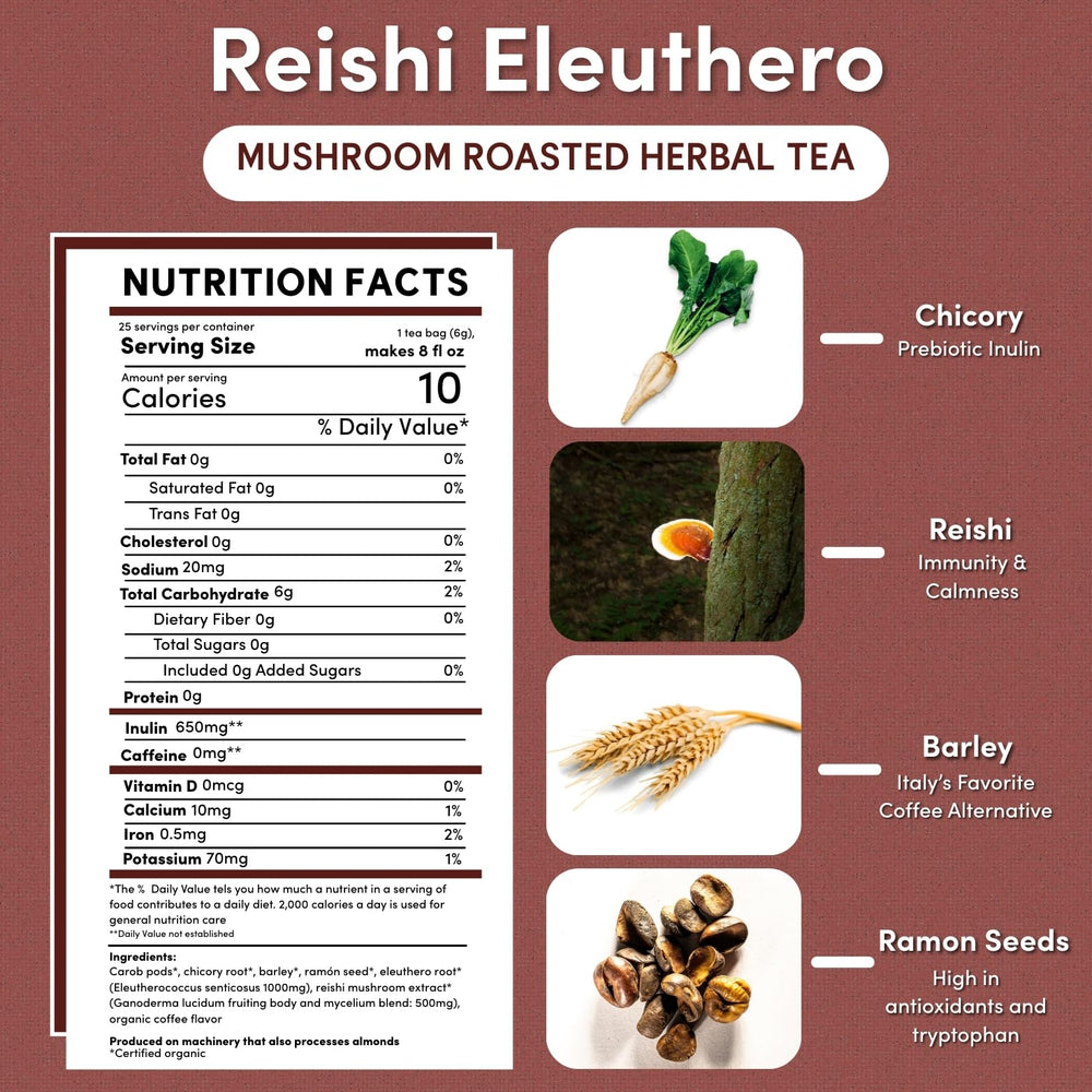 Teeccino Reishi Eleuthero Tea cup steaming for a caffeine-free daily ritual.