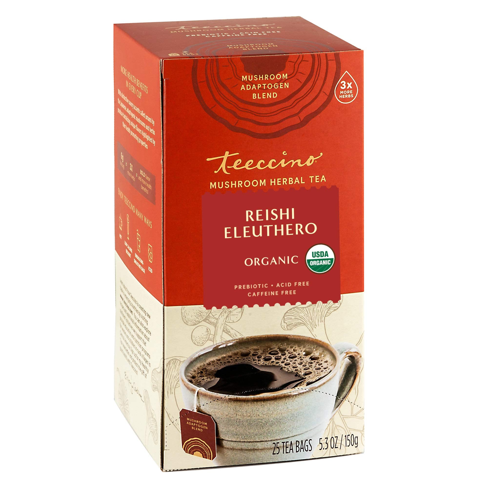 Teeccino Reishi Eleuthero Tea French Roast pack shot, caffeine-free herbal blend.