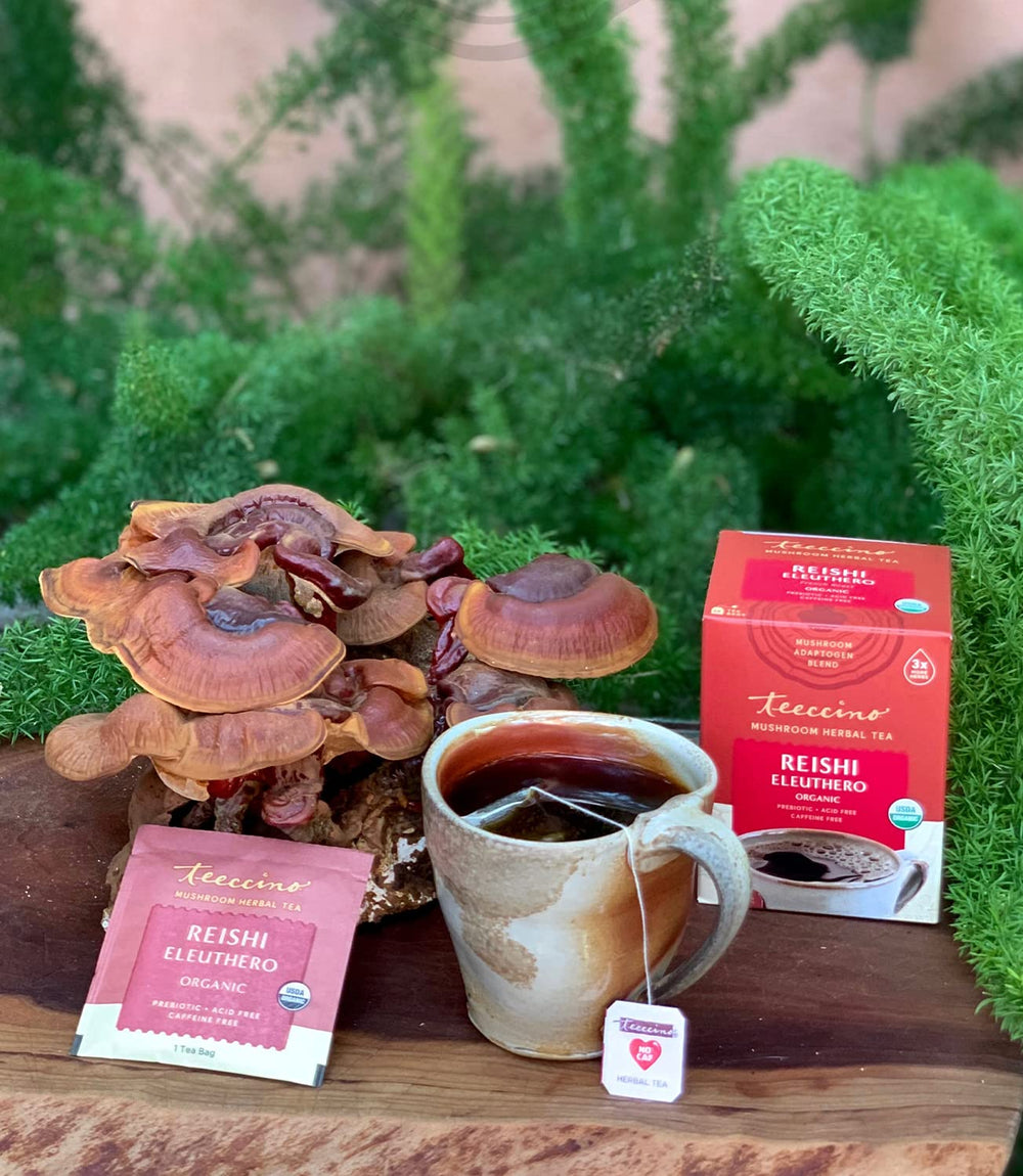 Teeccino Reishi Eleuthero Tea iced glass, refreshing cold beverage option.