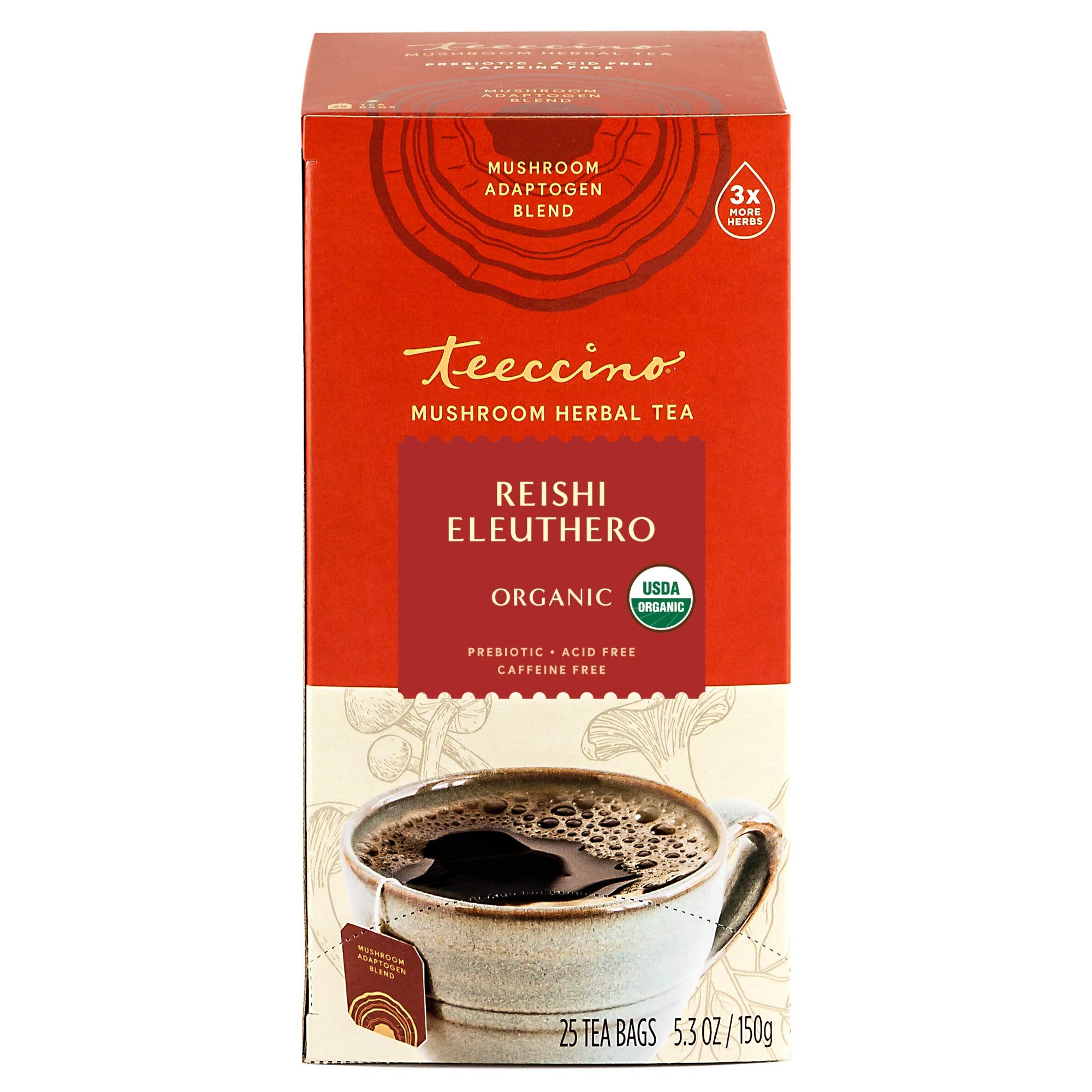 Teeccino Reishi Eleuthero Tea lifestyle scene, cozy mug in a modern kitchen.