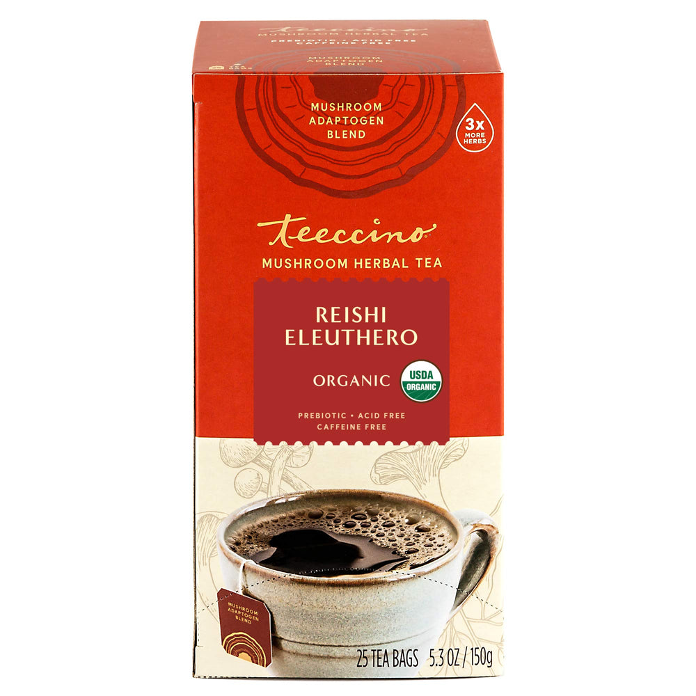 Teeccino Reishi Eleuthero Tea lifestyle scene, cozy mug in a modern kitchen.