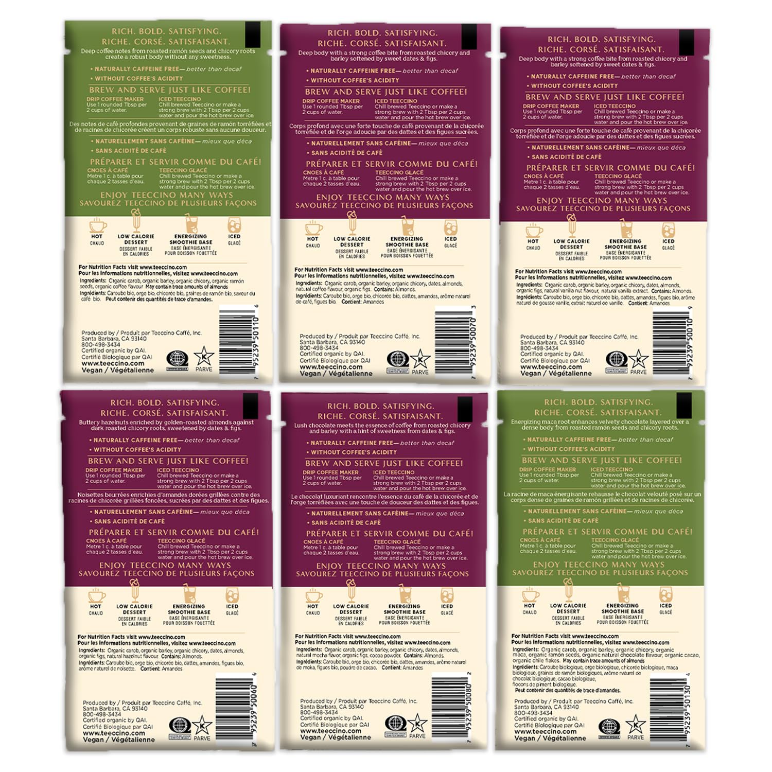 Teeccino sampler pack front view, six blends to explore.