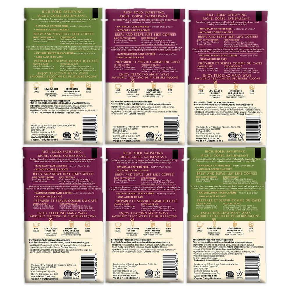 Teeccino sampler pack front view, six blends to explore.