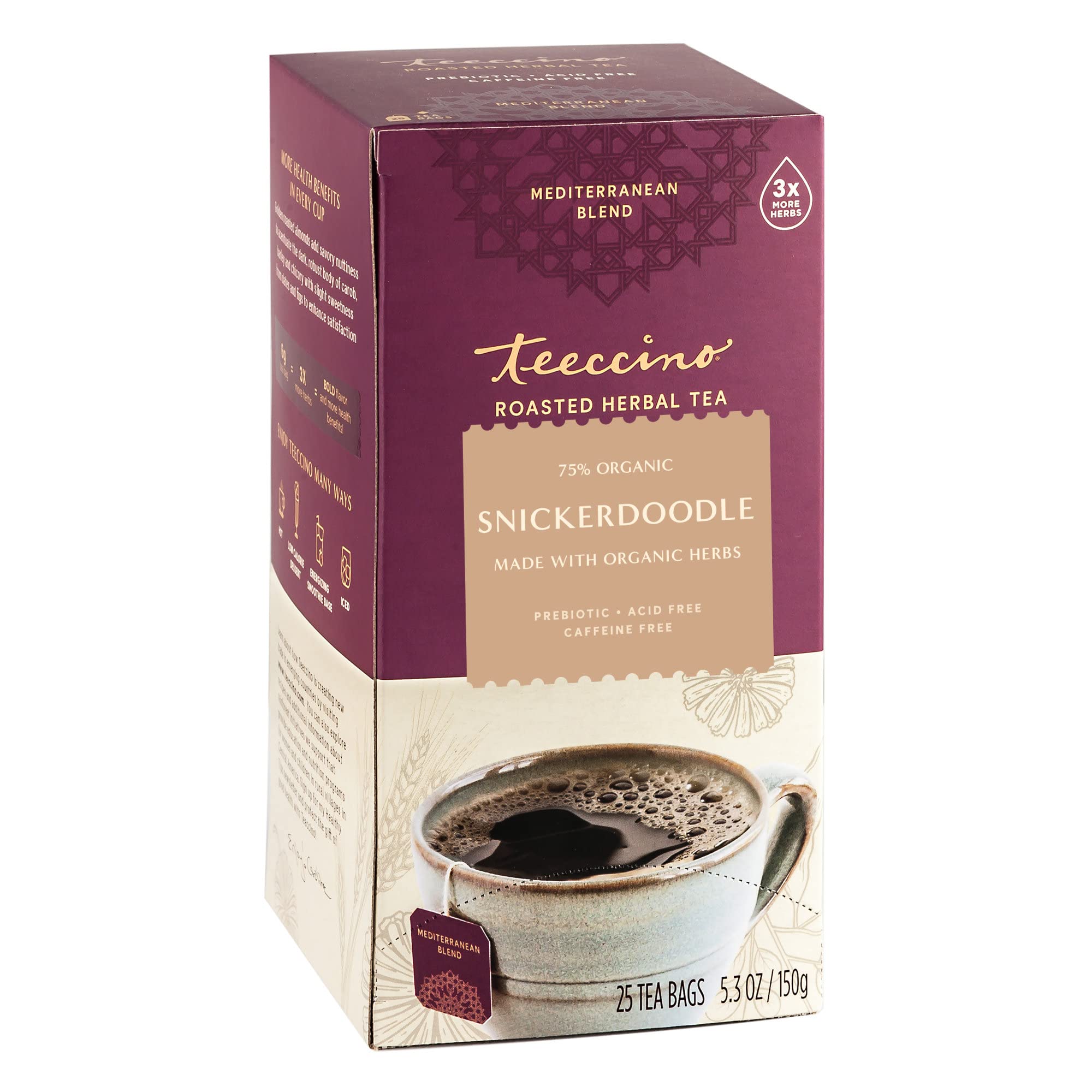 Teeccino Snickerdoodle Herbal Tea bag close-up showing warm aroma and cinnamon notes