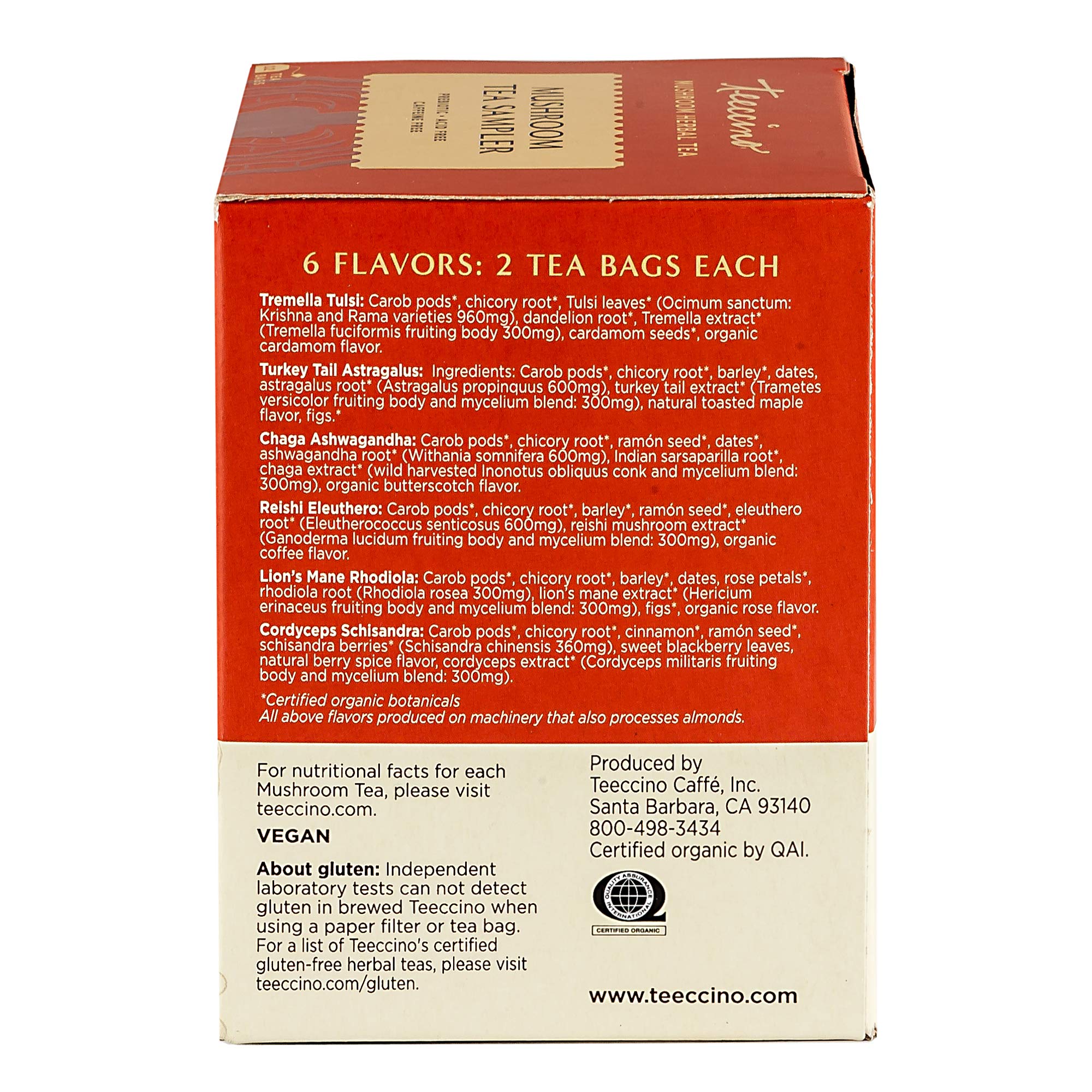 Teeccino tea-label-closeup reveals organic non-GMO ingredients.