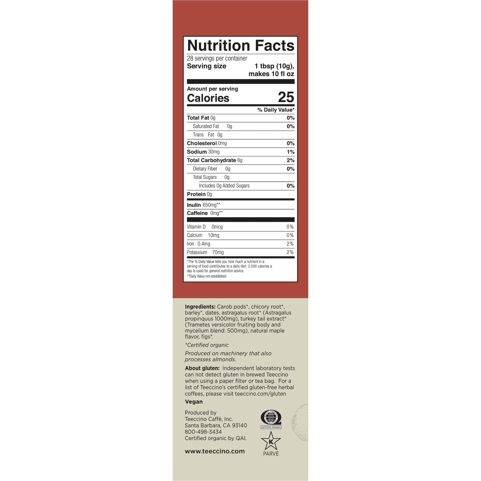 Teeccino cup showing 650 mg inulin per serving for prebiotic benefits