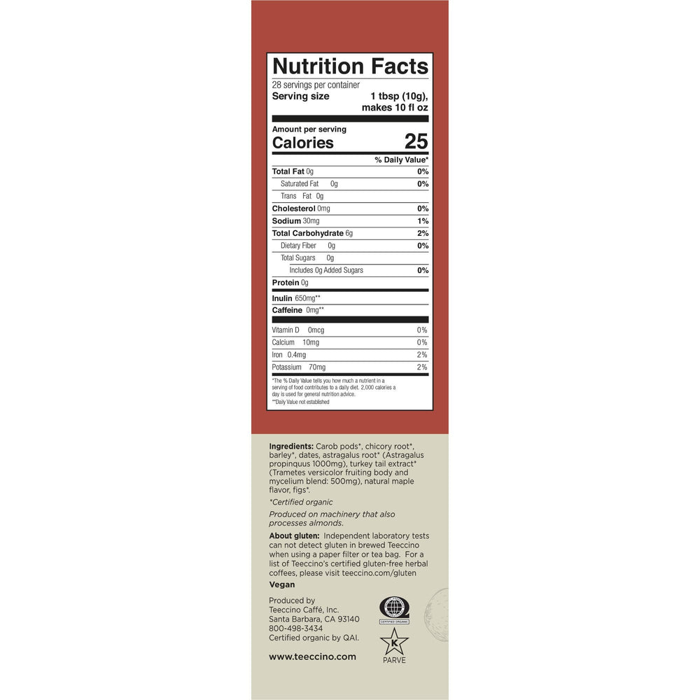 Teeccino cup showing 650 mg inulin per serving for prebiotic benefits