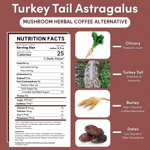 A warm Teeccino cup featuring Turkey Tail and Astragalus Toasted Maple, caffeine-free adaptogenic drink
