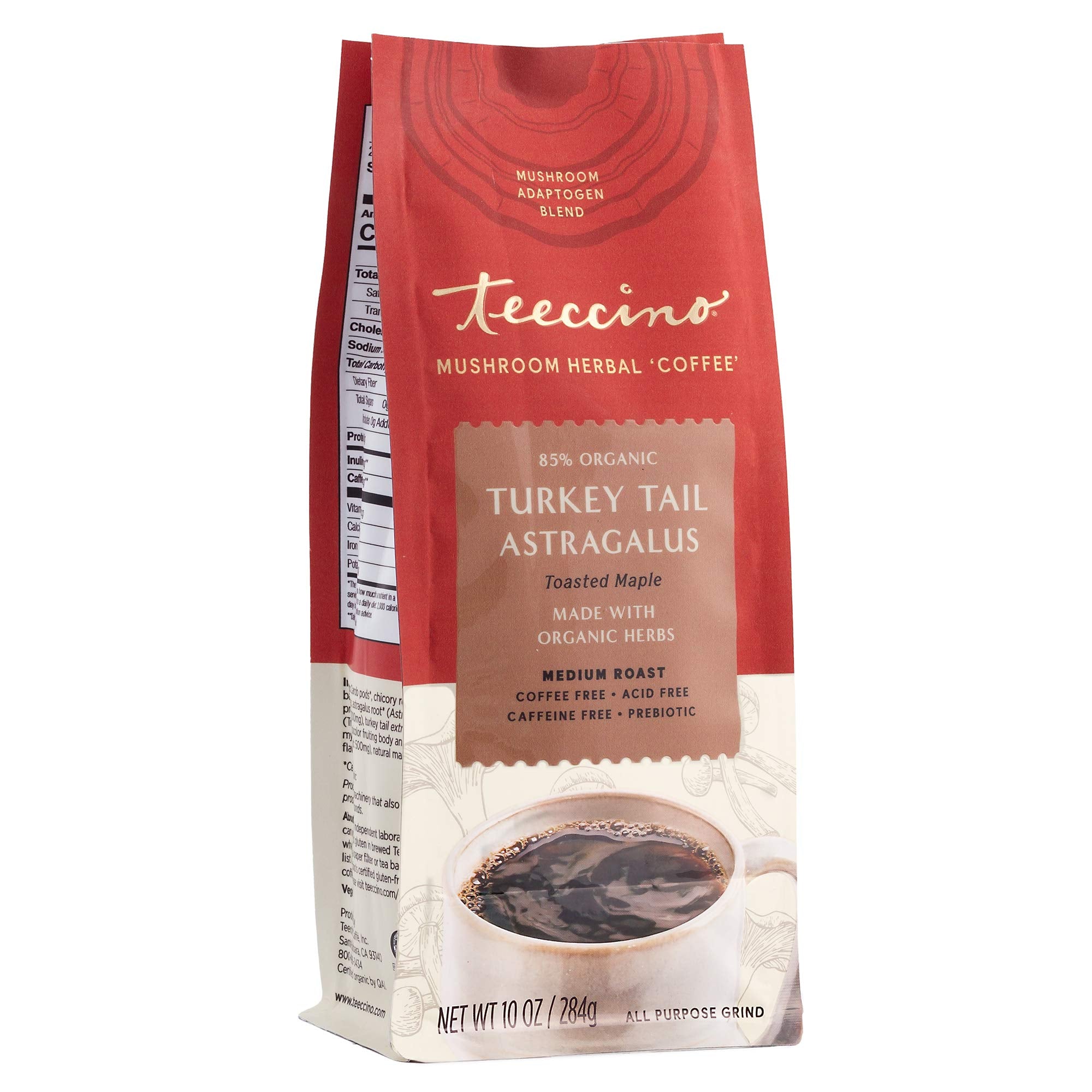 Teeccino Turkey Tail Astragalus Toasted Maple packaging shows caffeine-free coffee alternative option