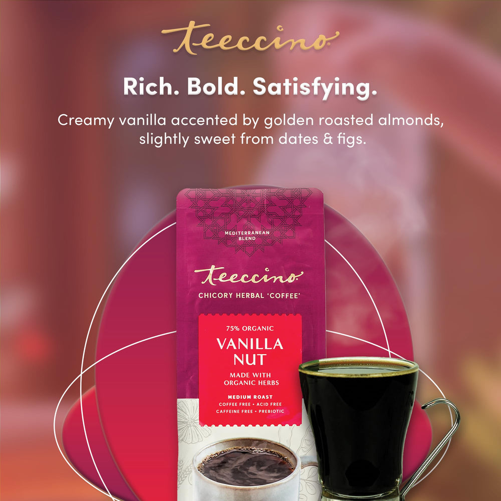 Teeccino Vanilla Nut Chicory Coffee hints of almonds, dates, and figs for natural sweetness.