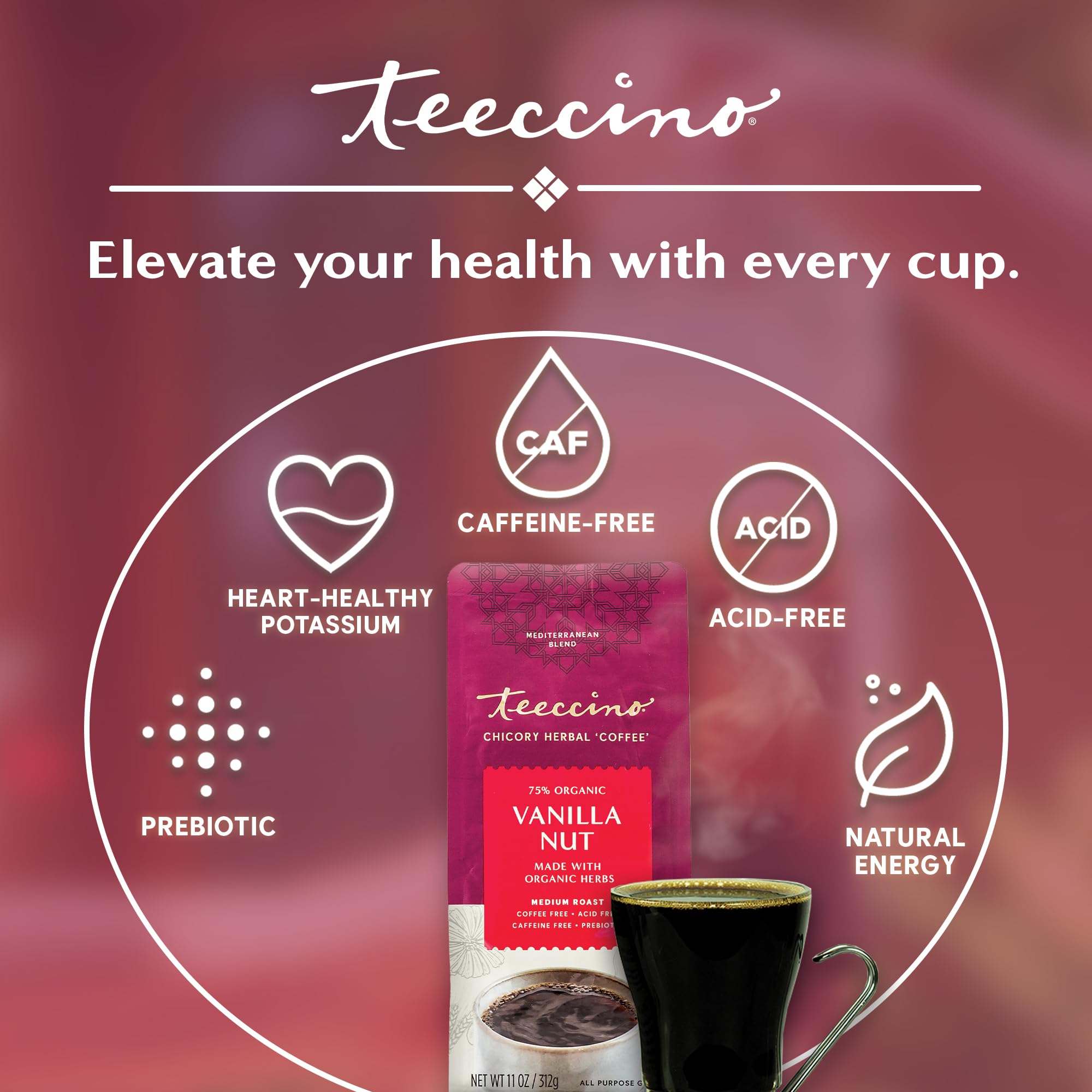 Teeccino Vanilla Nut Chicory Cup with latte art demonstrates espresso-like versatility