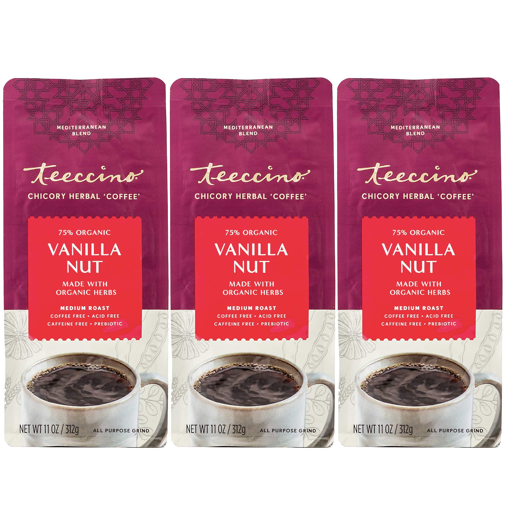 Teeccino Vanilla Nut Chicory Ground Coffee Pack 3 for caffeine-free daily use