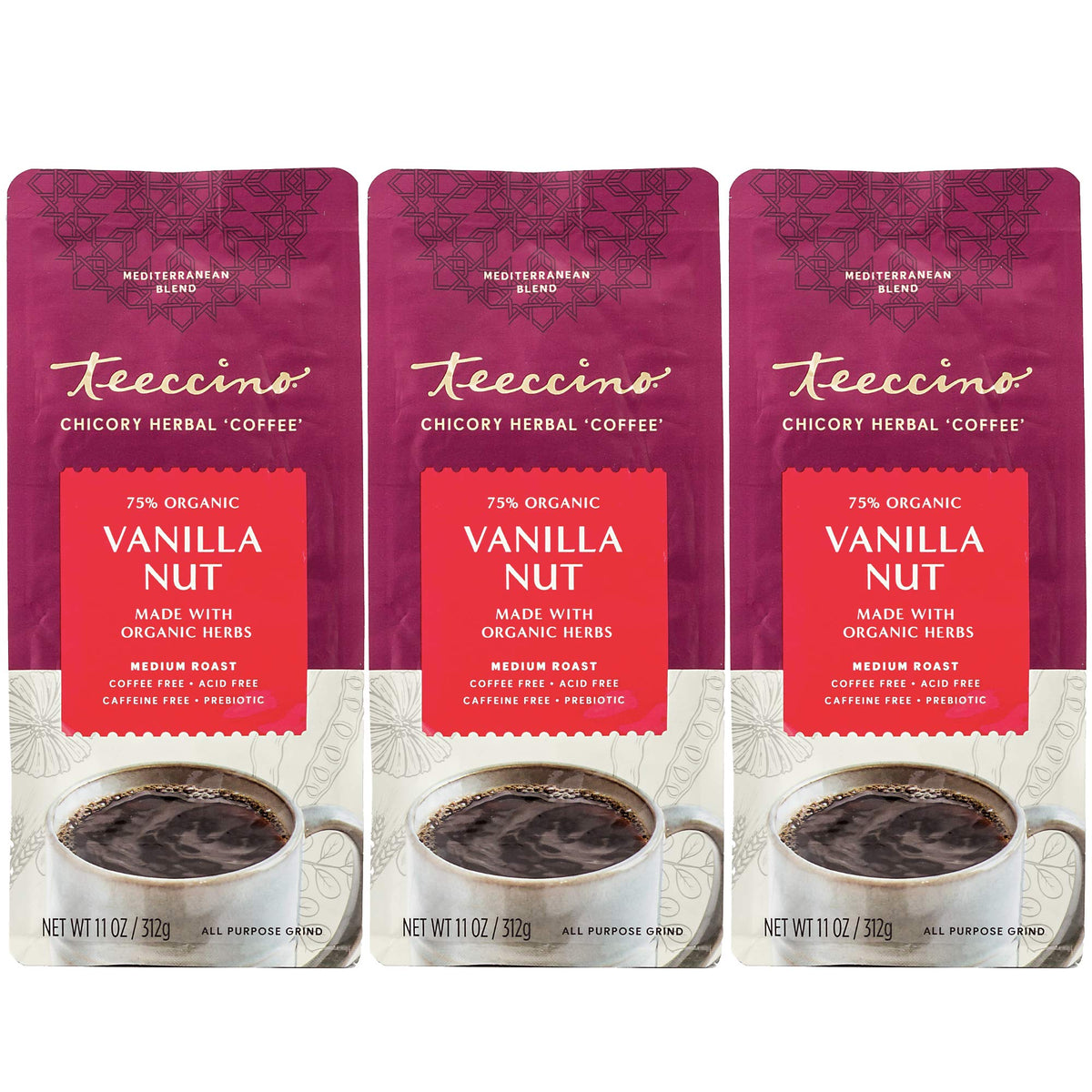 Teeccino Vanilla Nut Chicory Ground Coffee Pack 3 for caffeine-free daily use