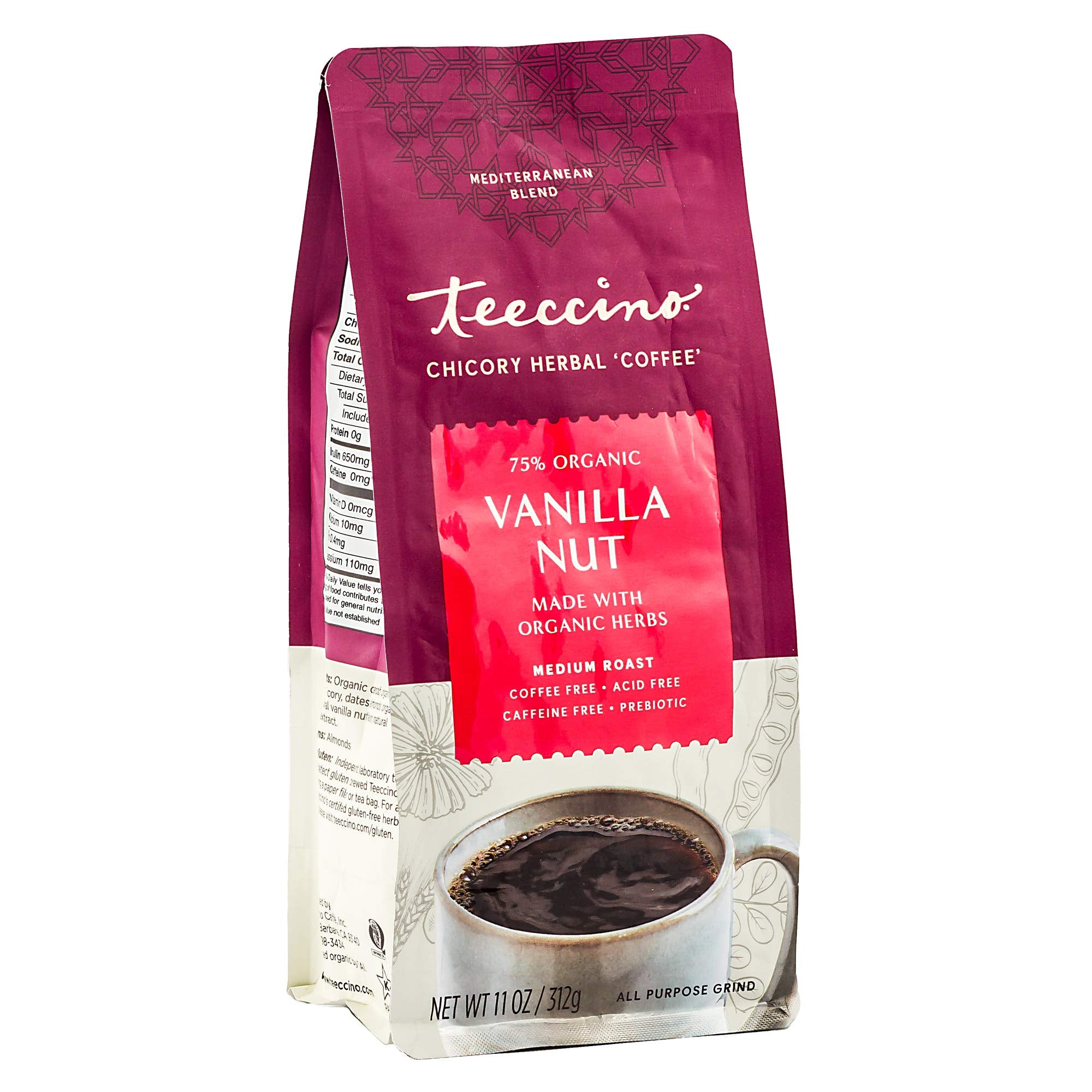 Teeccino Vanilla Nut Chicory Packaging showcases organic herbs and natural sweetness