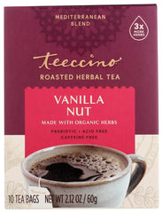 Teeccino Vanilla Nut Tea bag pack showcasing packaging and caffeine-free appeal.