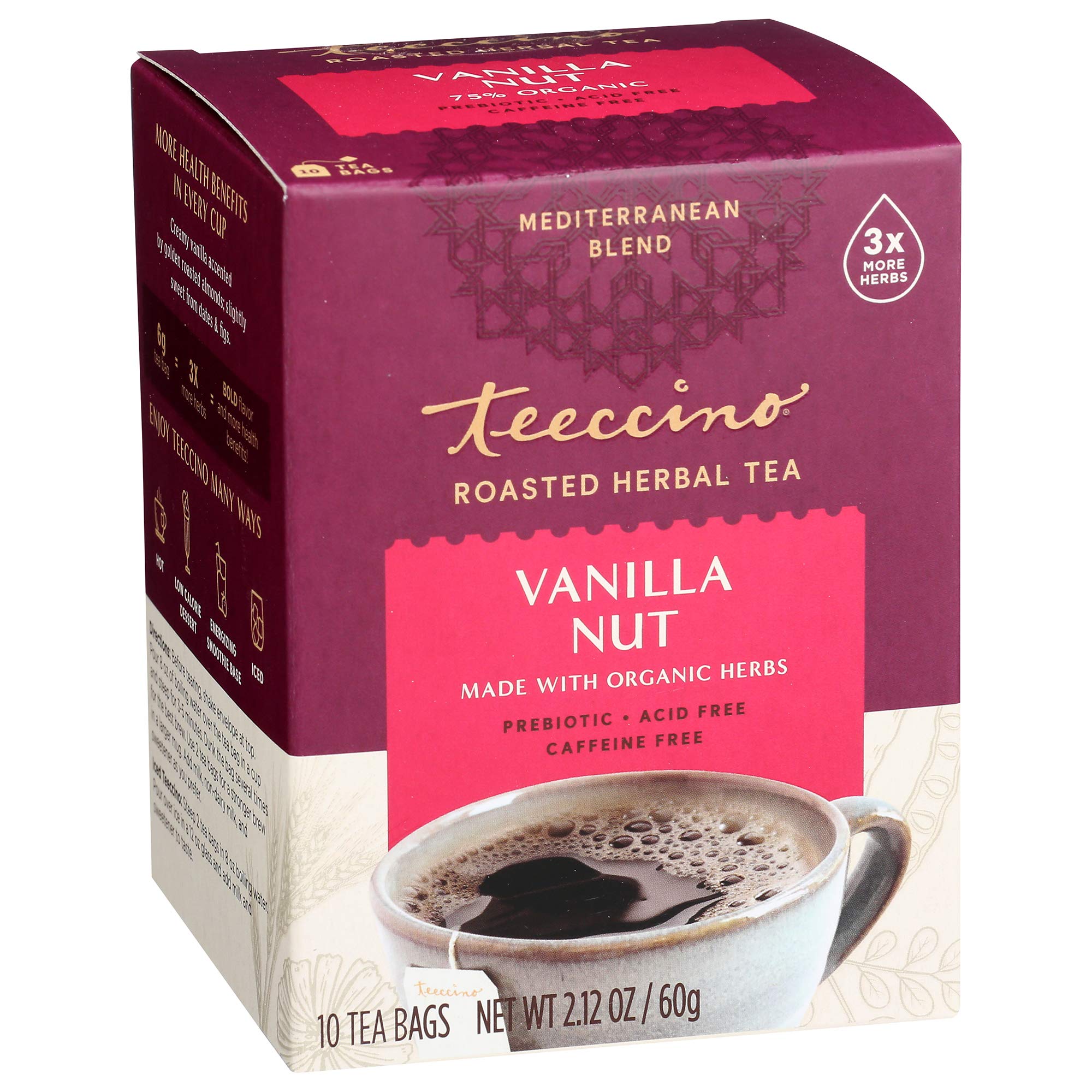 Teeccino Vanilla Nut tea bag releasing rich aroma for a caffeine-free comforting moment