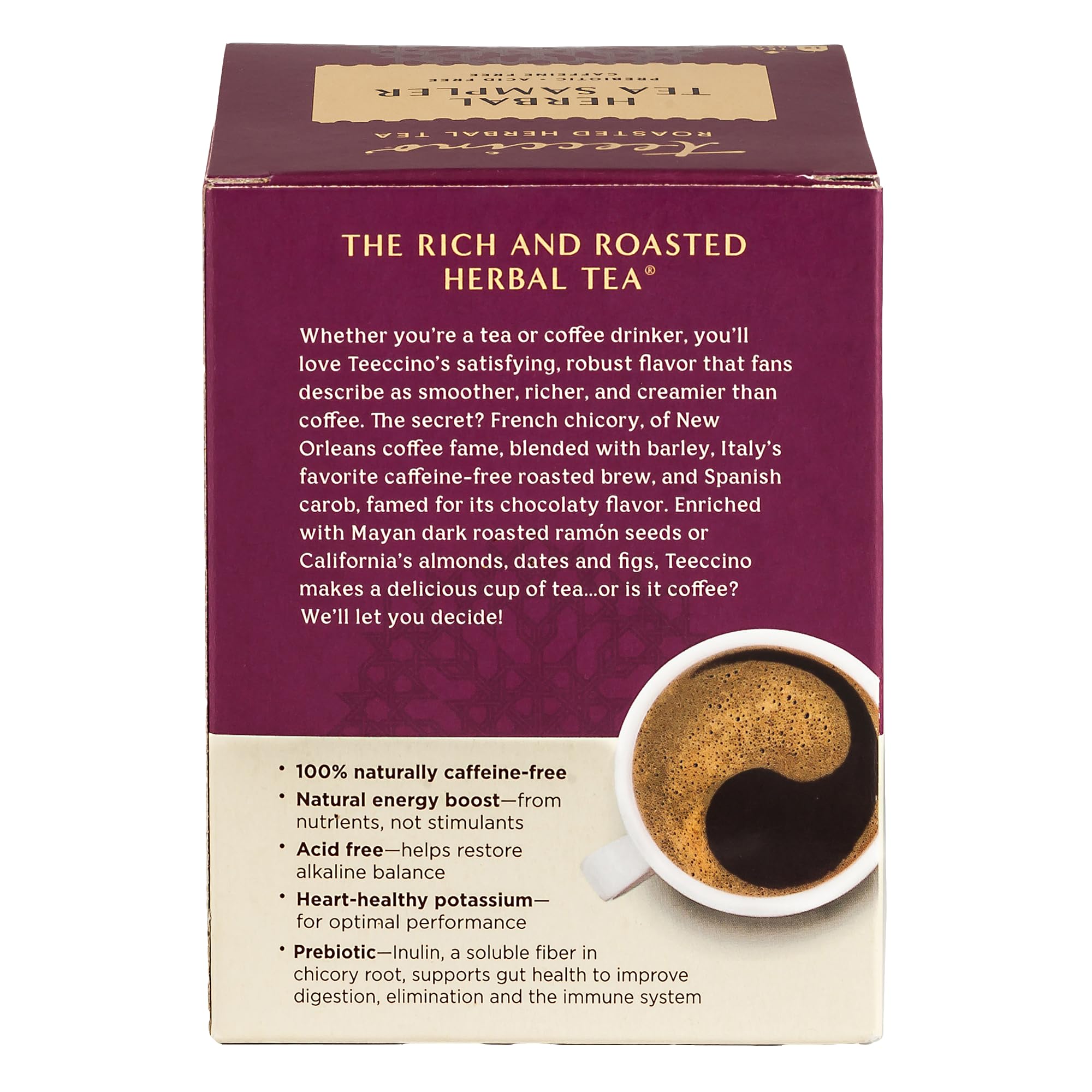 Teeccino Vanilla Nut tea bag staged with a creamy latte vibe