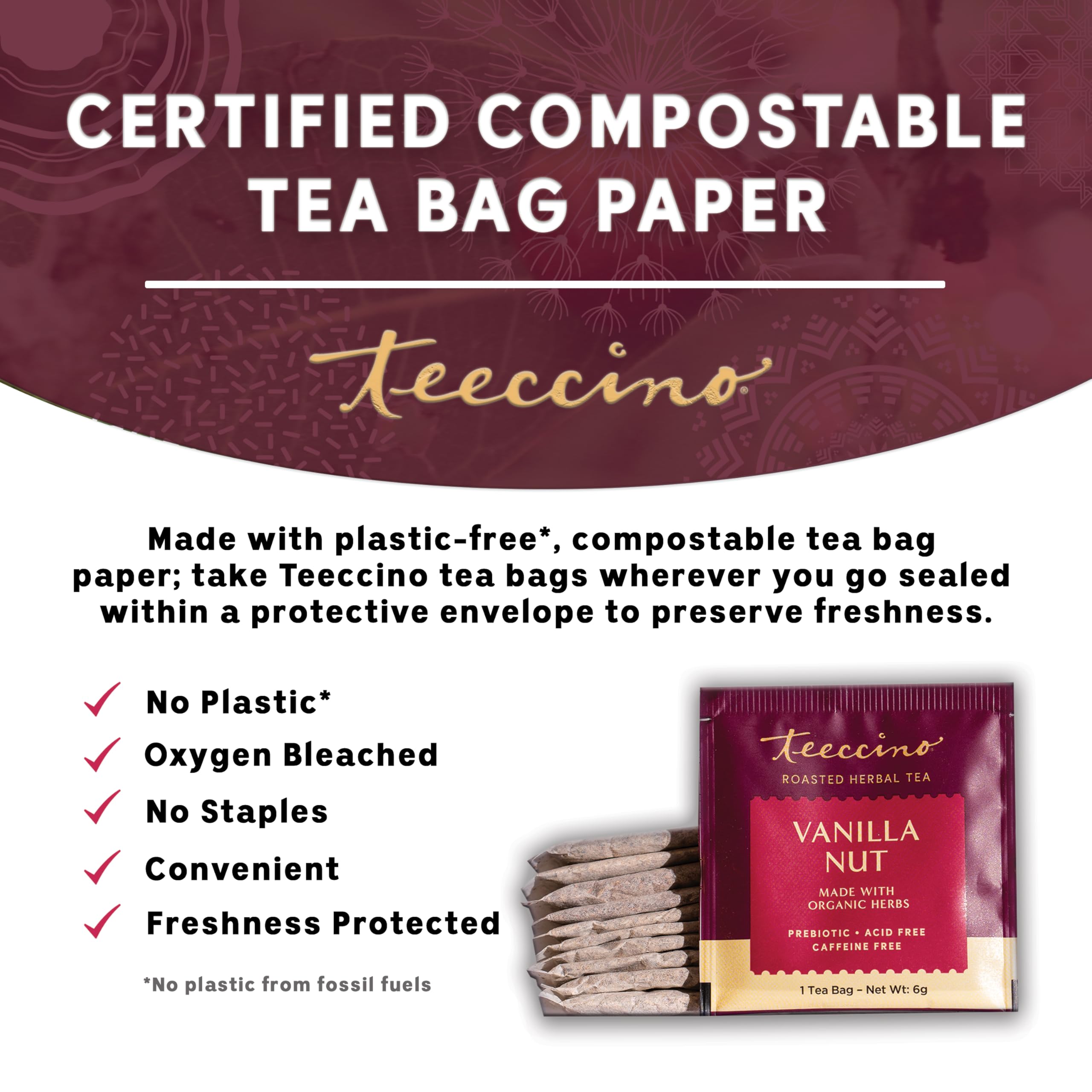 Teeccino Vanilla Nut Tea cup with steam delivering soothing flavor.