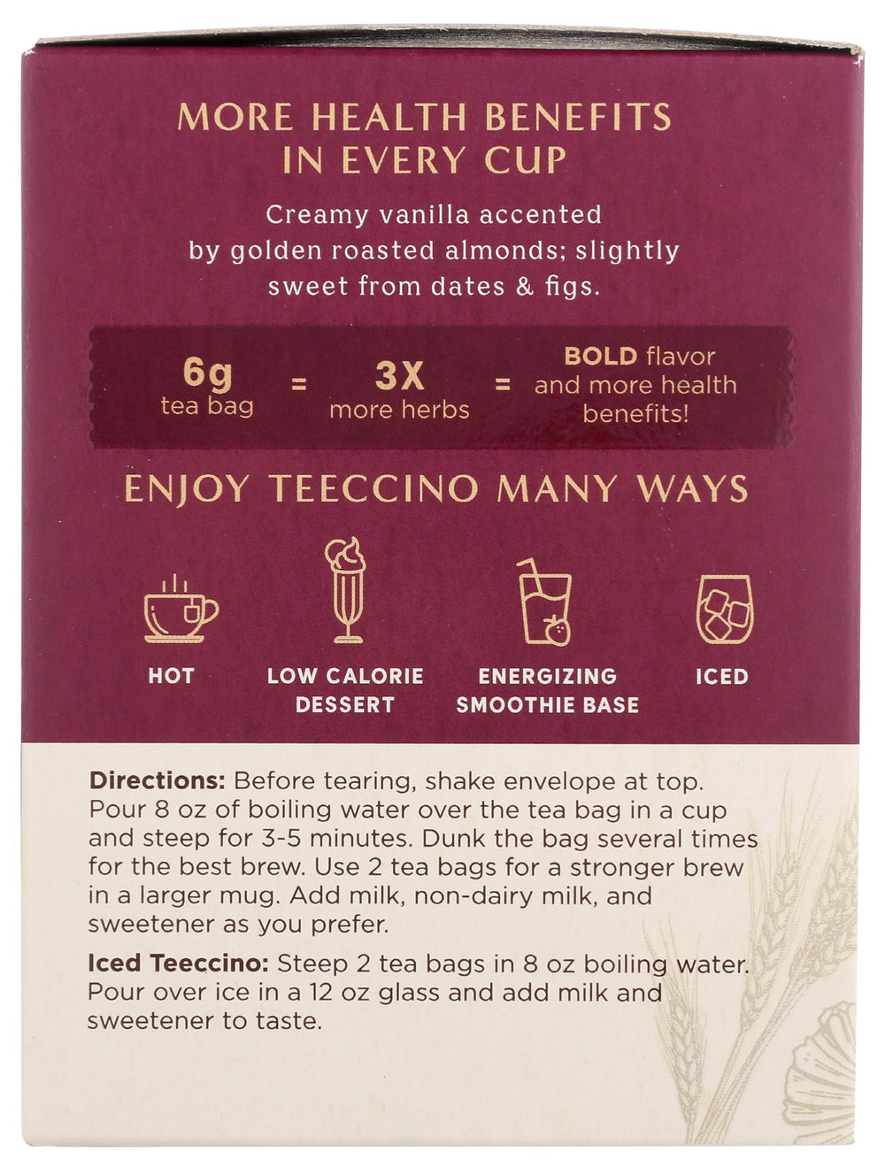 Teeccino Vanilla Nut Tea hot or iced, versatile for any mood.