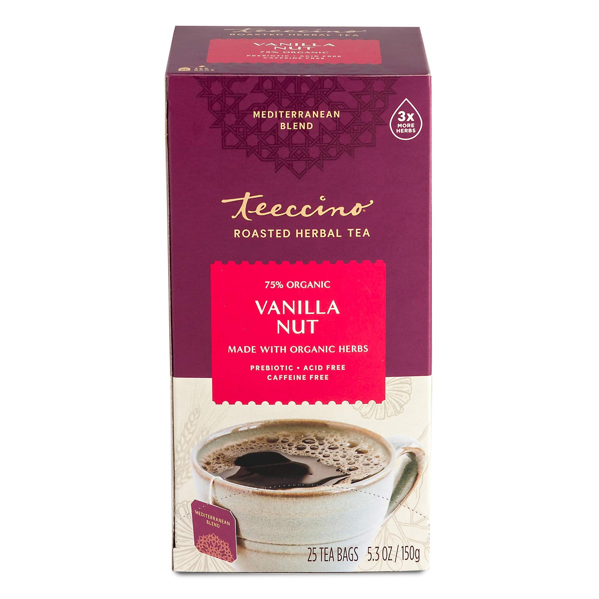 Teeccino Vanilla Nut Tea inulin label indicates prebiotic fiber notes.