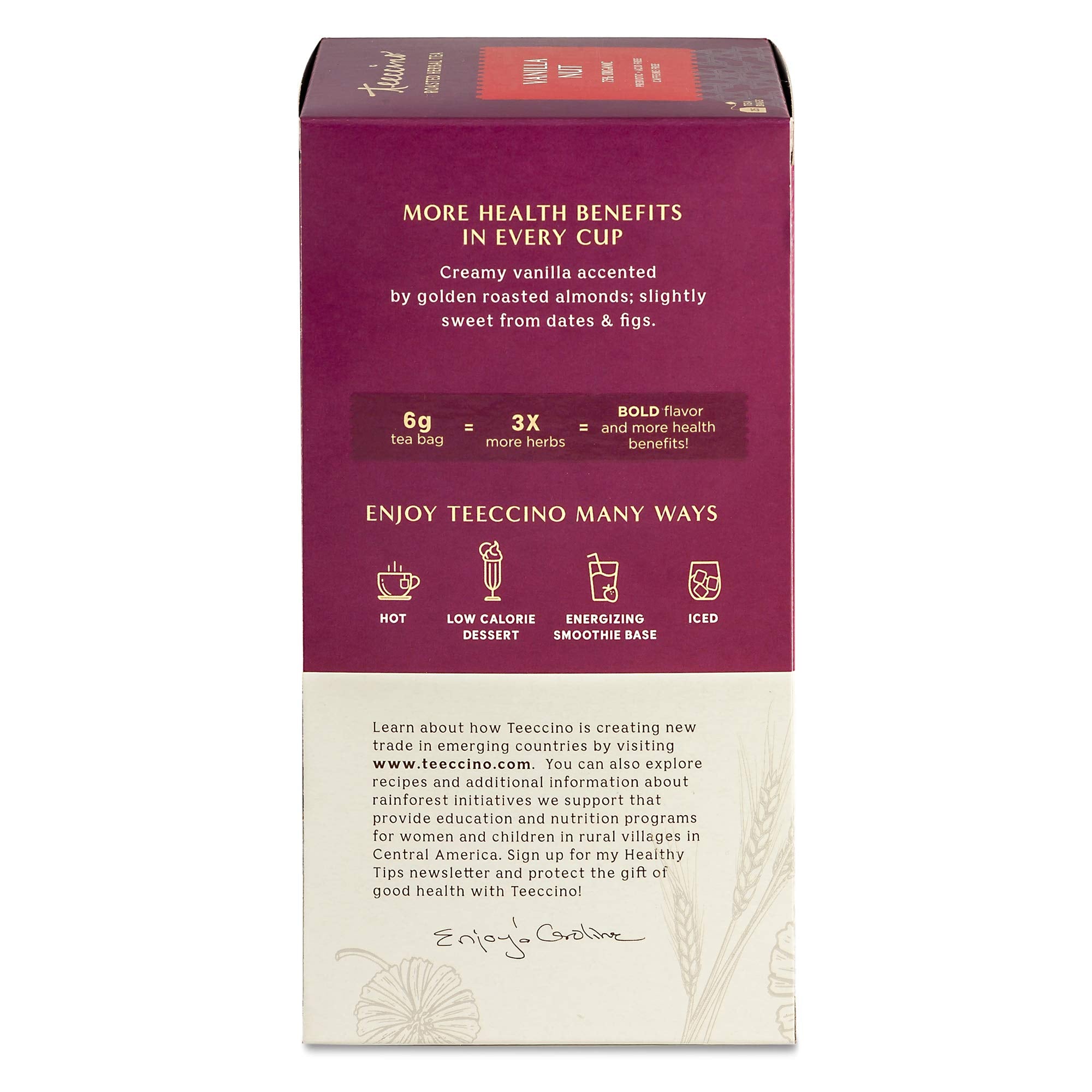 Teeccino Vanilla Nut Tea latte scene ideal with dairy or plant milk.