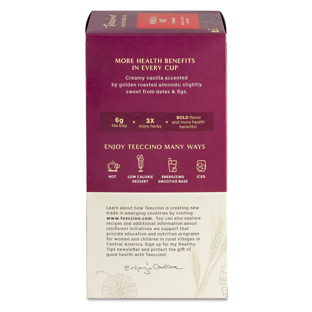 Teeccino Vanilla Nut Tea latte scene ideal with dairy or plant milk.
