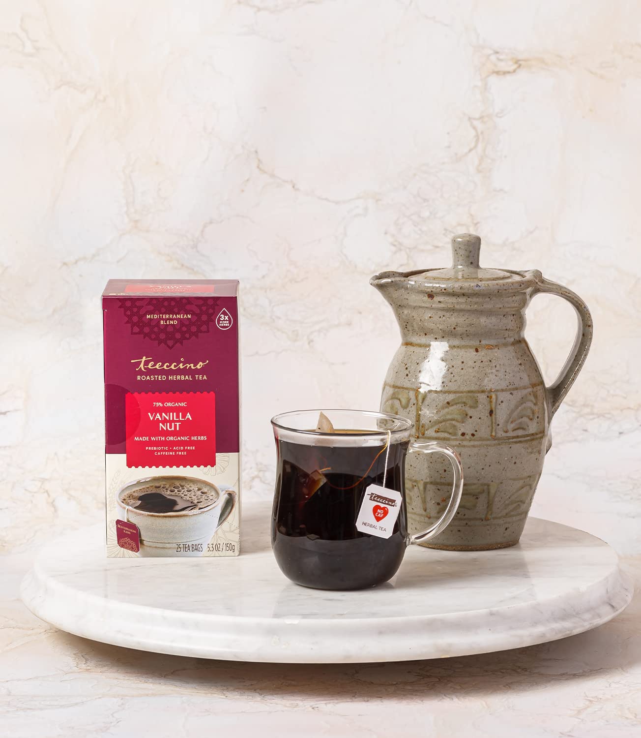 Teeccino Vanilla Nut Tea vanilla and almonds visuals suggest warm notes.