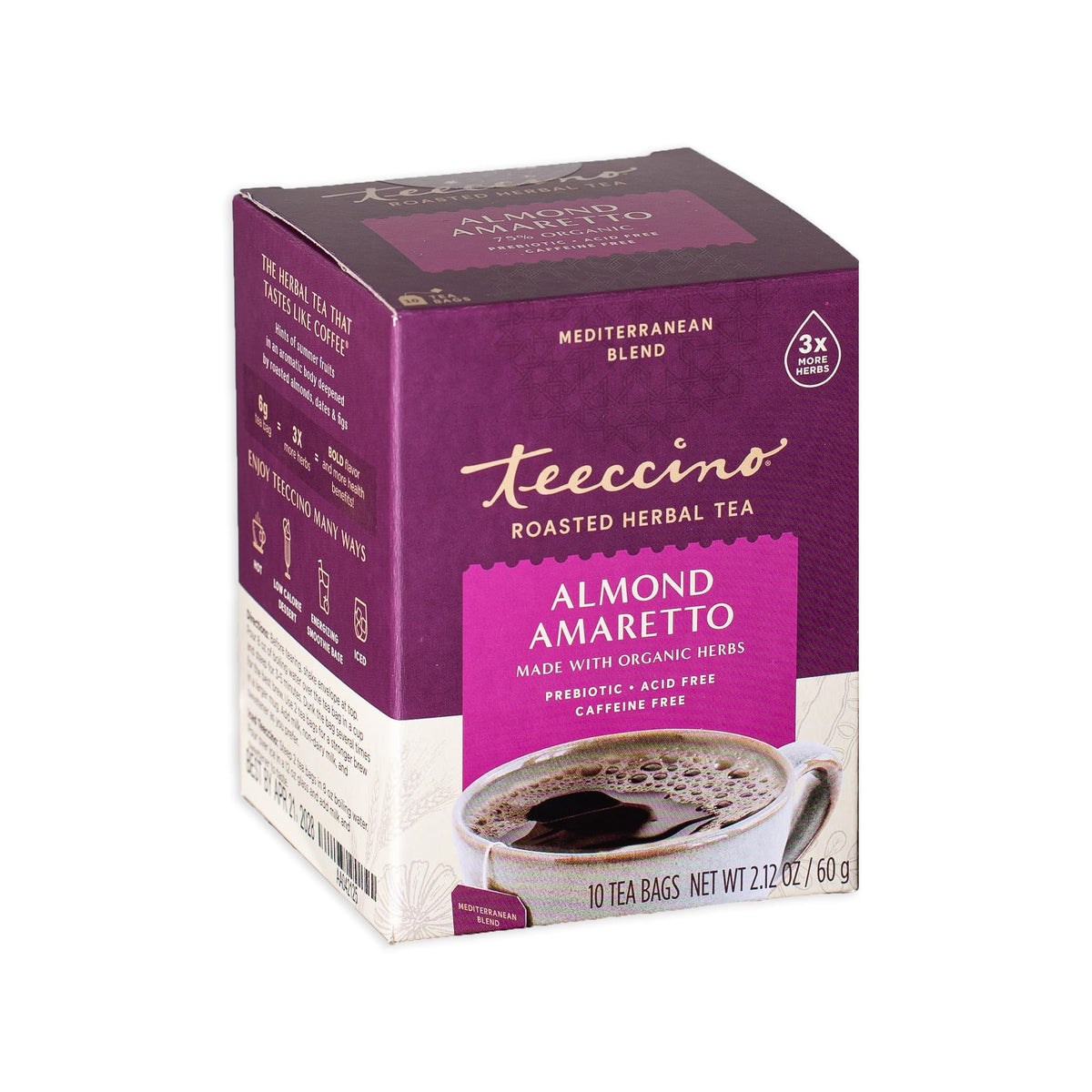 Teecino Almond Amaretto bottle shows rich herbal blend for natural energy.