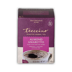 Teecino Almond Amaretto tea bags image emphasizes convenient caffeine-free enjoyment.