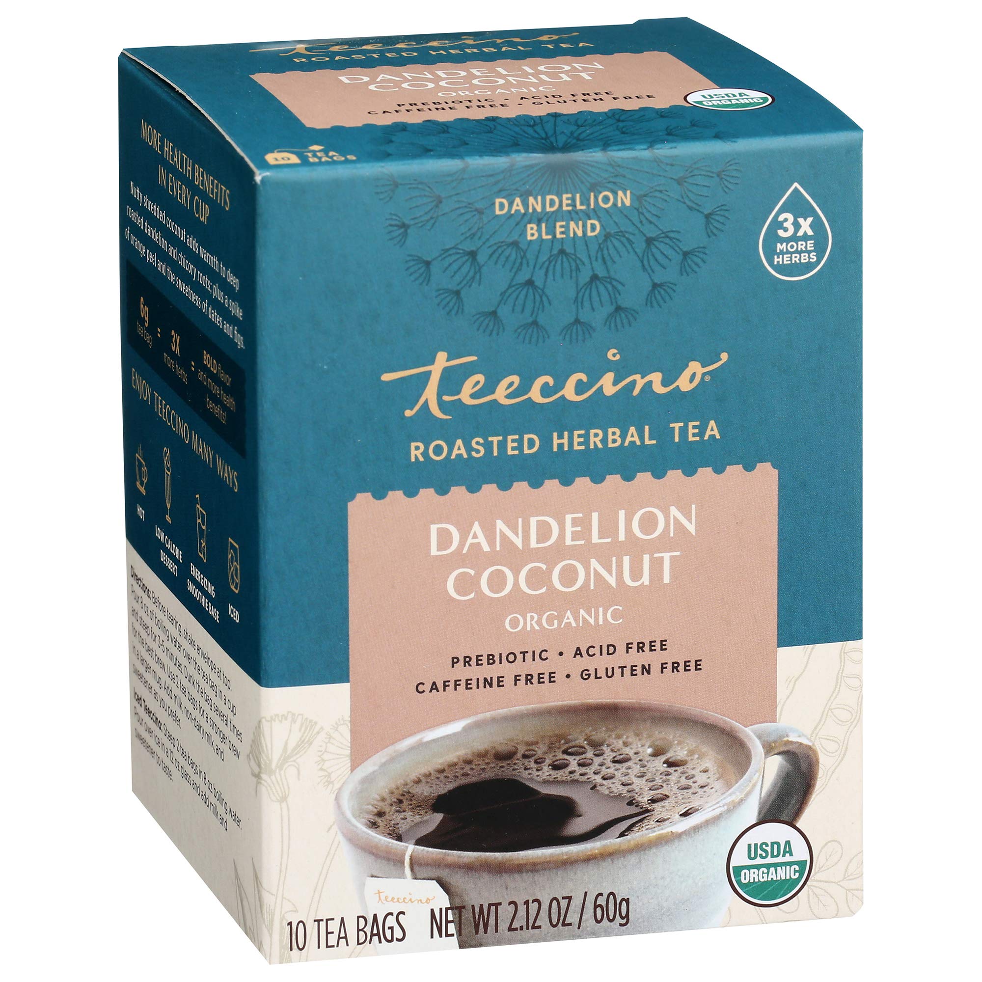 Teeccino Dandelion Coconut Tea packaging showing caffeine-free herbal blend ideal for evenings.