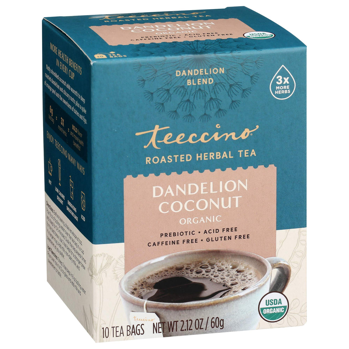Teeccino Dandelion Coconut Tea packaging showing caffeine-free herbal blend ideal for evenings.