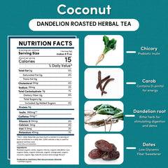 Teeccino Dandelion Coconut Tea bags highlighting 3x more herbs for richer flavor.