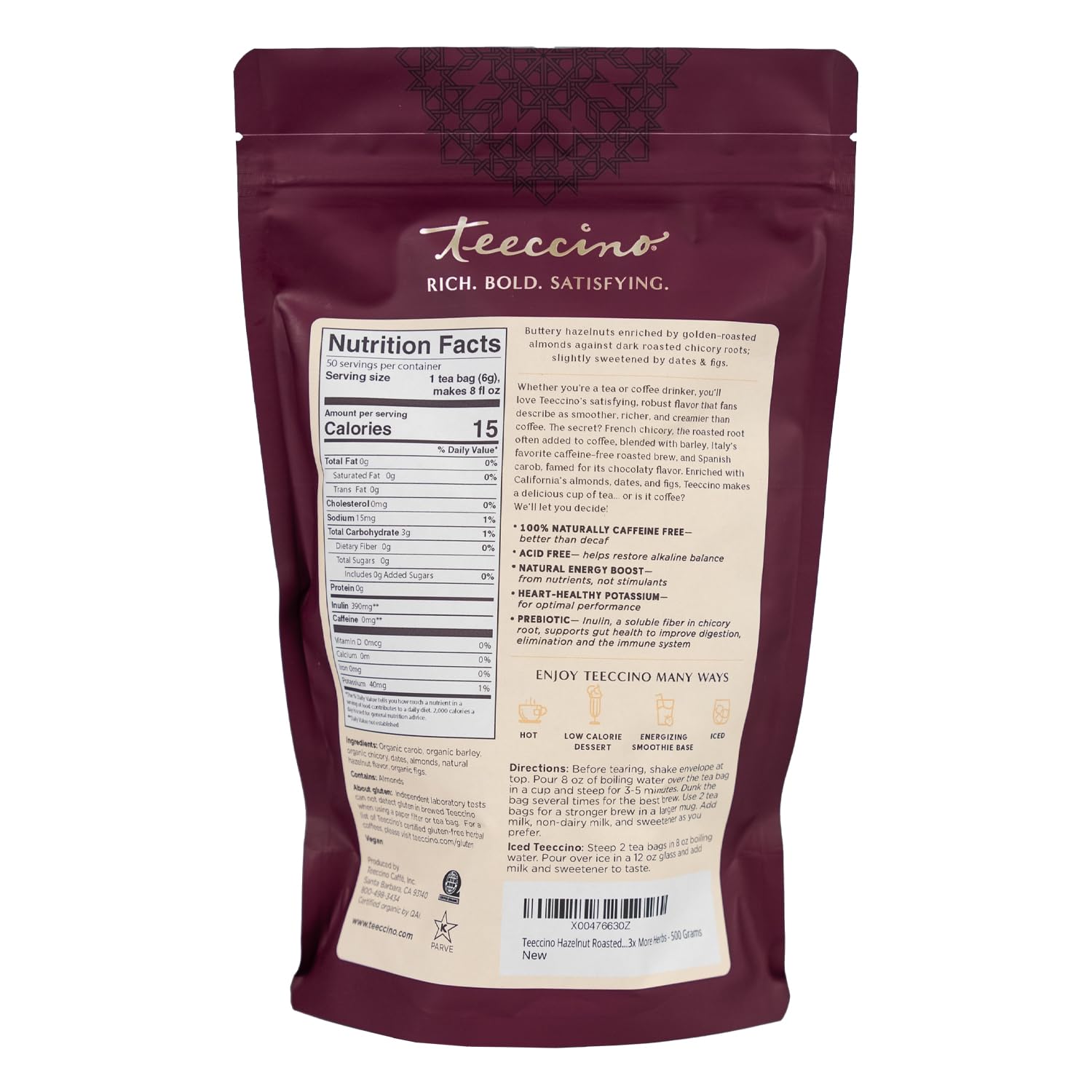 Close view of almonds dates and figs in Teeccino Hazelnut Roasted Herbal Tea