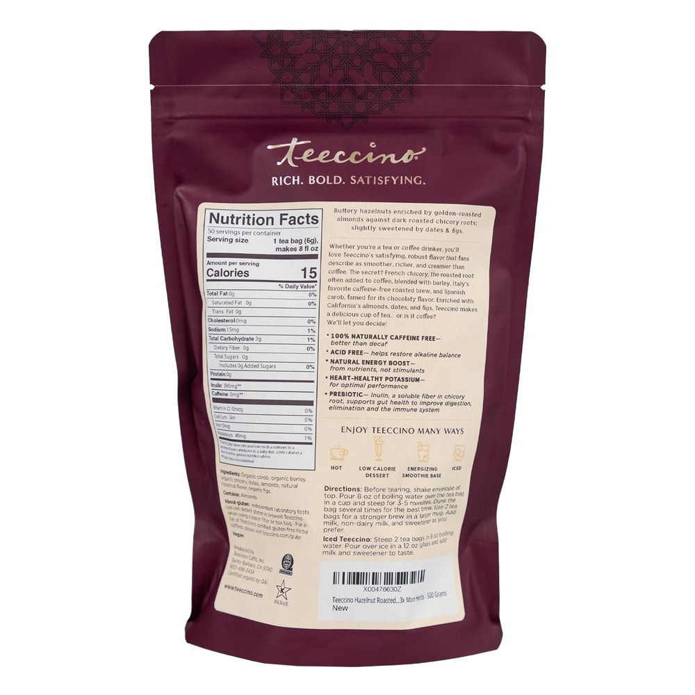 Close view of almonds dates and figs in Teeccino Hazelnut Roasted Herbal Tea