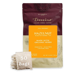 Teeccino Hazelnut Roasted Herbal Tea bag close up, caffeine-free comfort