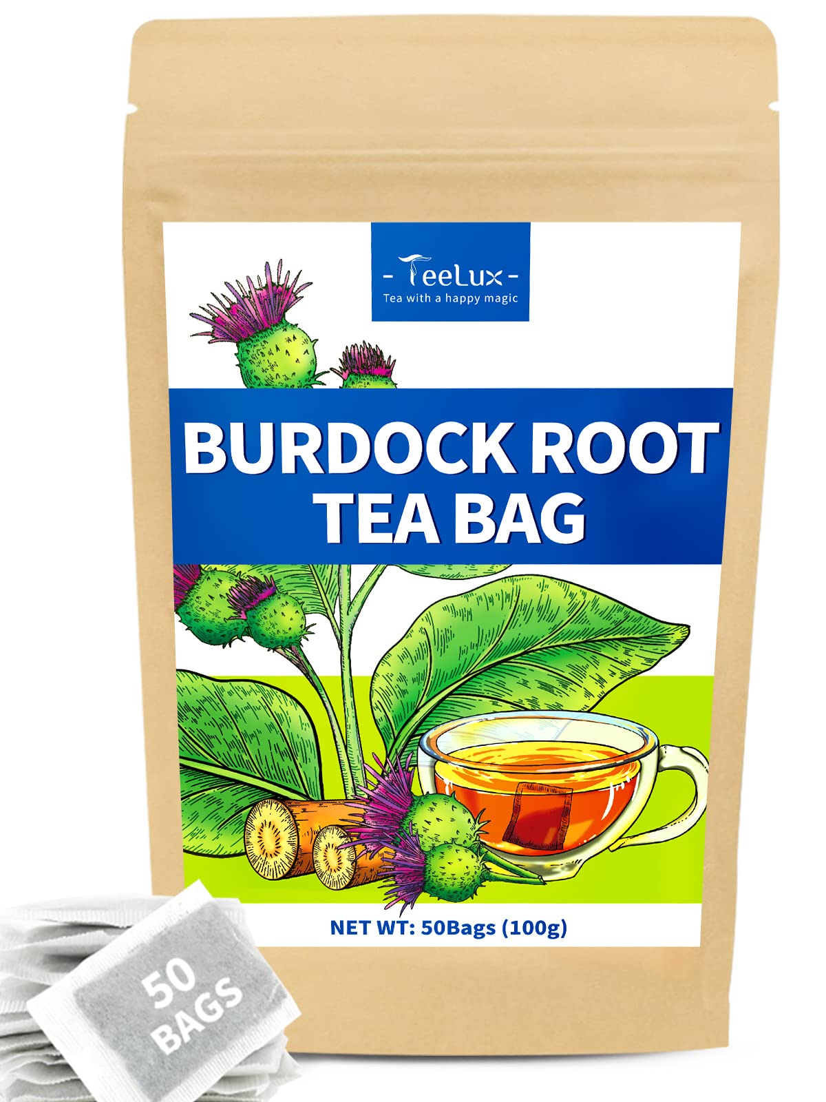 TeeLux Burdock root tea bag in a cup for a smooth, relaxing sip.