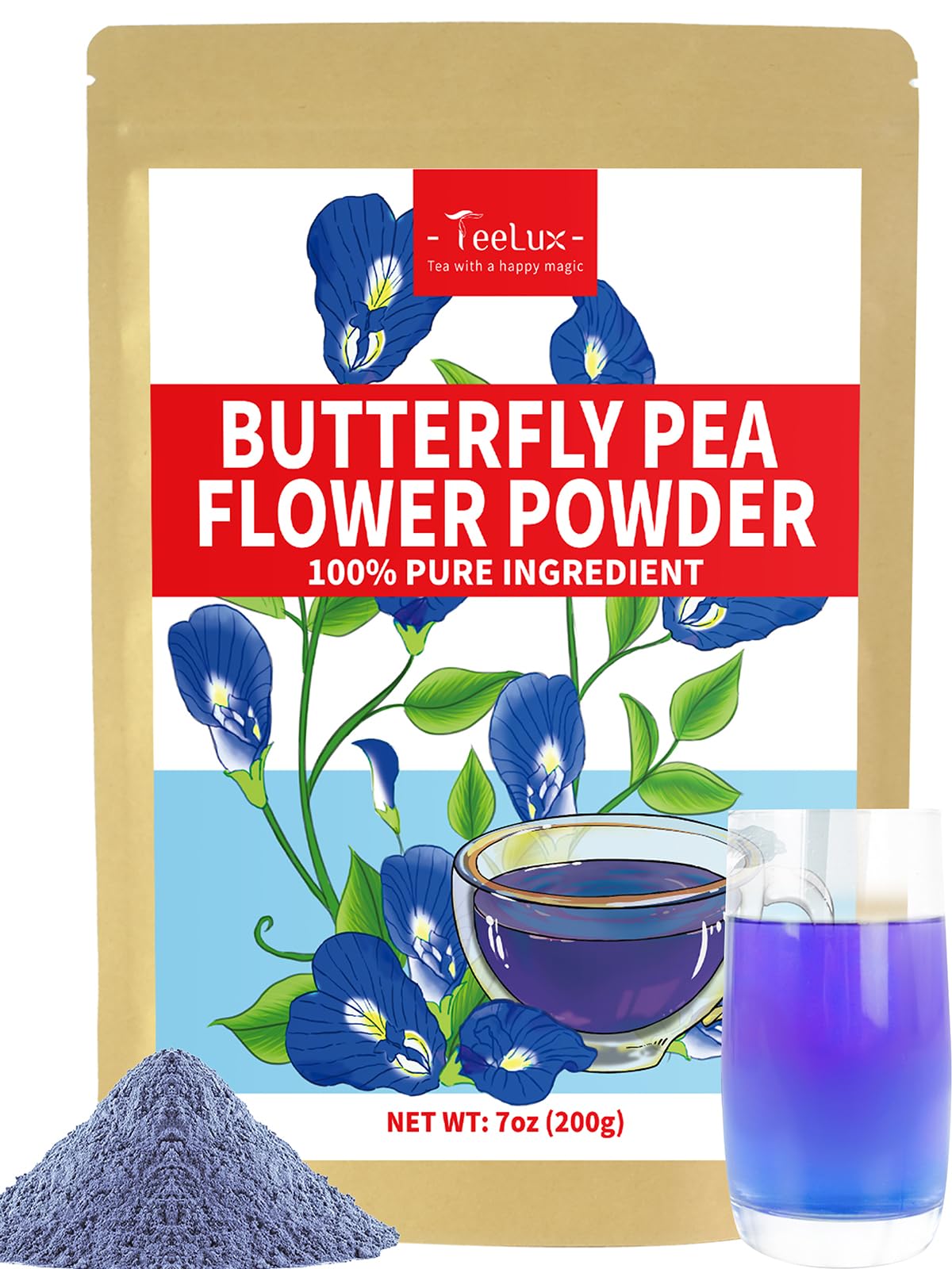 Teelux butterfly pea flower powder packaging shows premium ingredients for vibrant color.