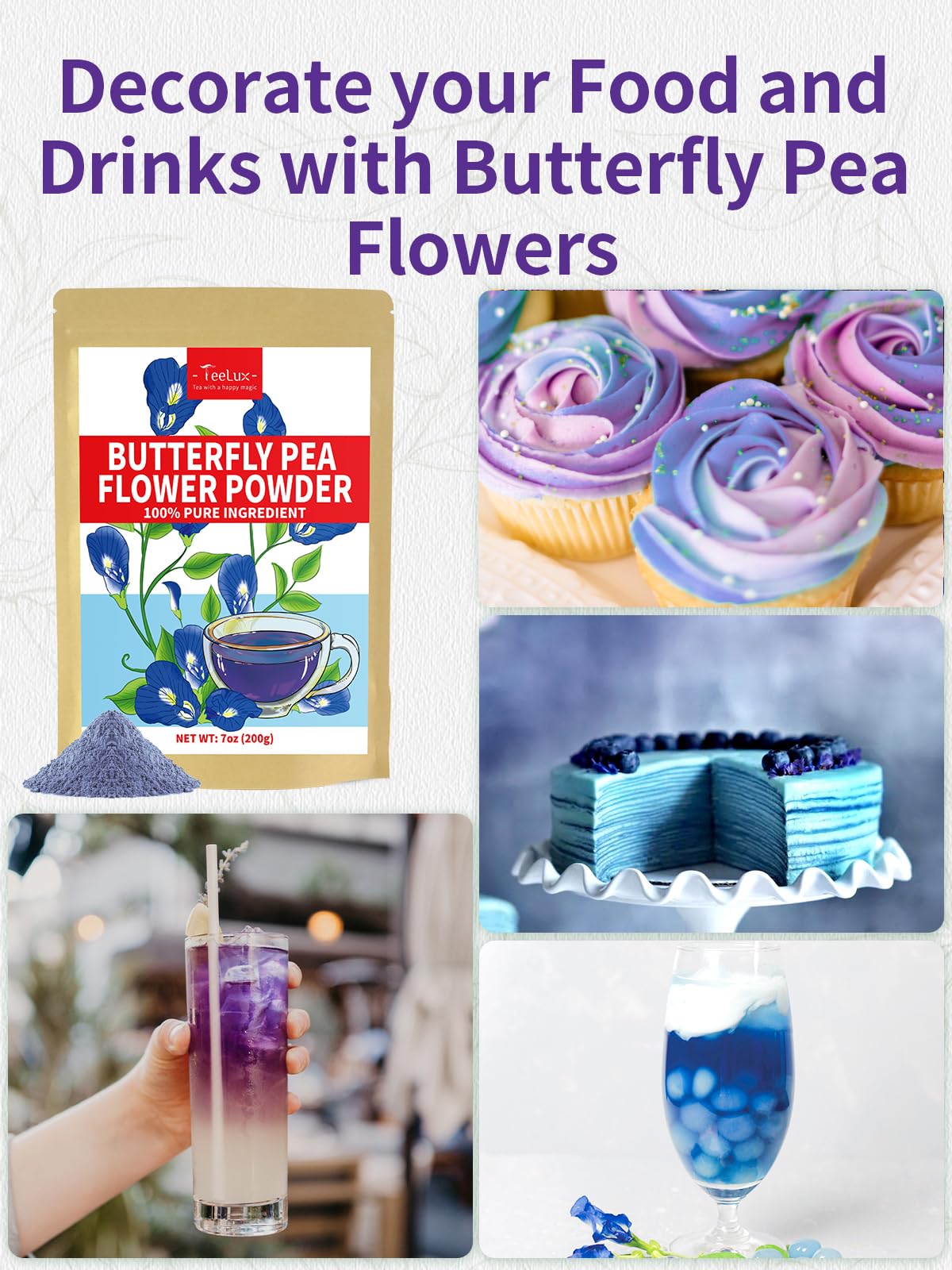 Teelux butterfly pea food coloring adds natural blue to desserts and frostings.