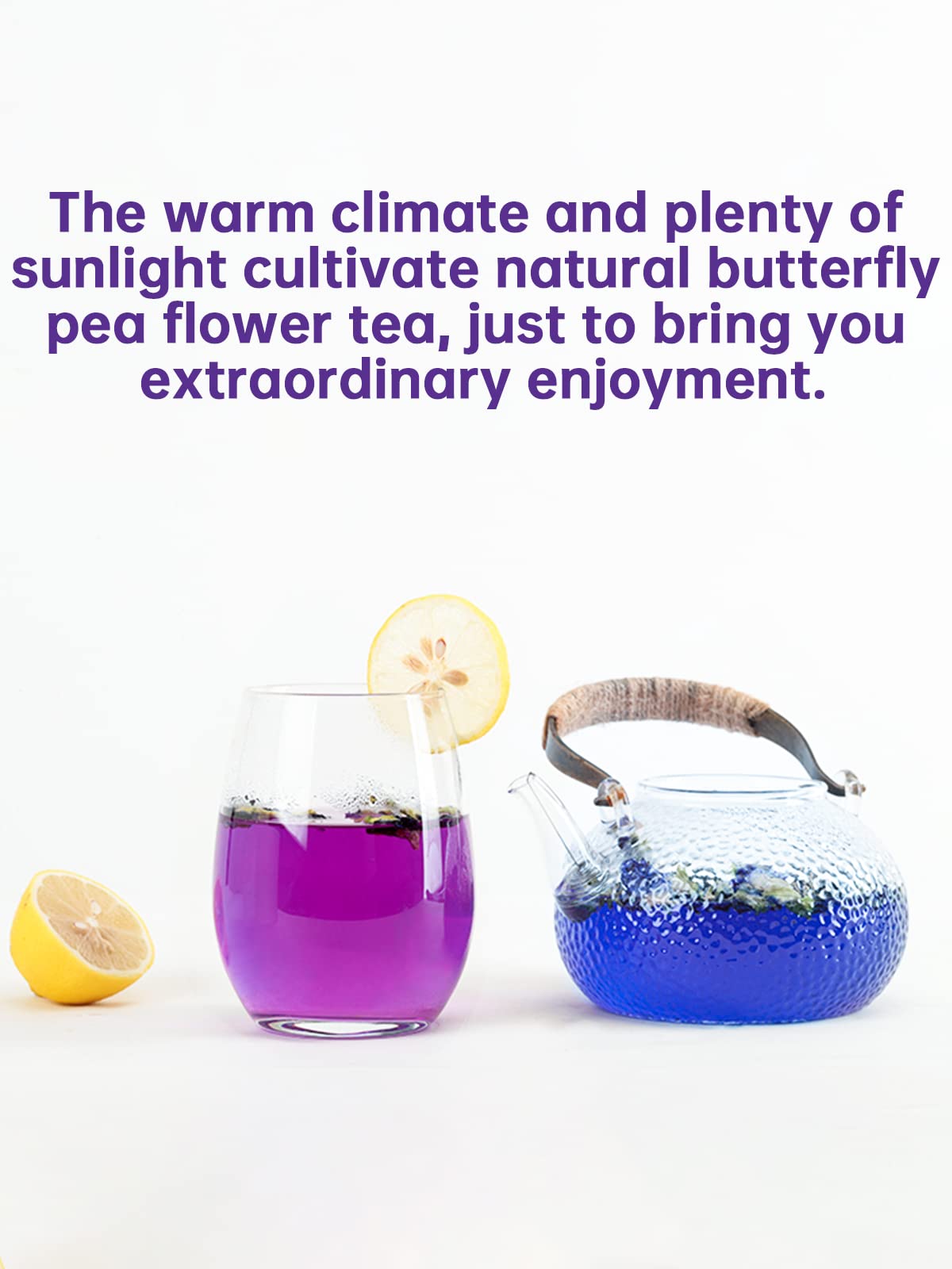 TeeLux Butterfly Pea Tea shows blue color when mixed with alkaline water, perfect for cocktails.