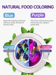 TeeLux Butterfly Pea Tea with lemon turns purple, illustrating natural color-change for exciting drinks.